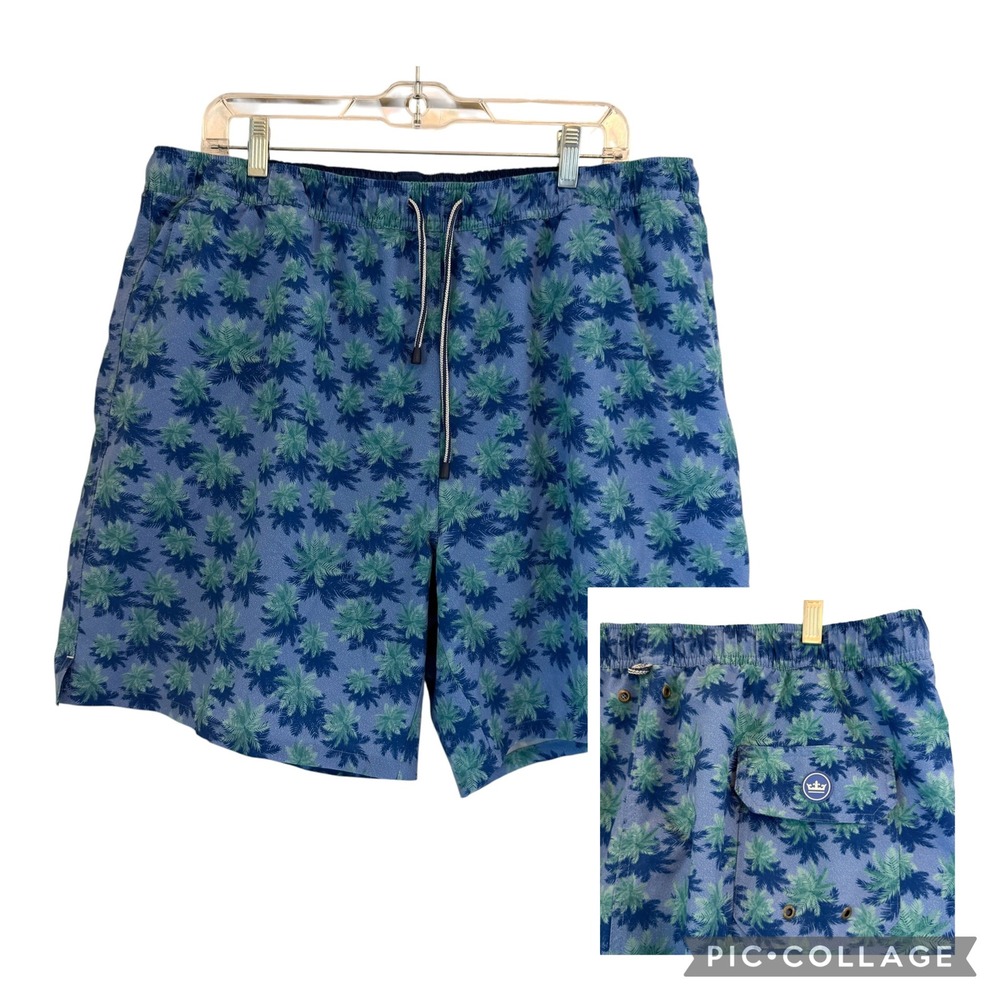 Peter Millar Mens XL Blue Green Palm Tree Swim Trunks Mesh Lined 7in Inseam